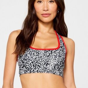 NWT Fabletics Black and White Animal Print Sports Bra with Red Accents